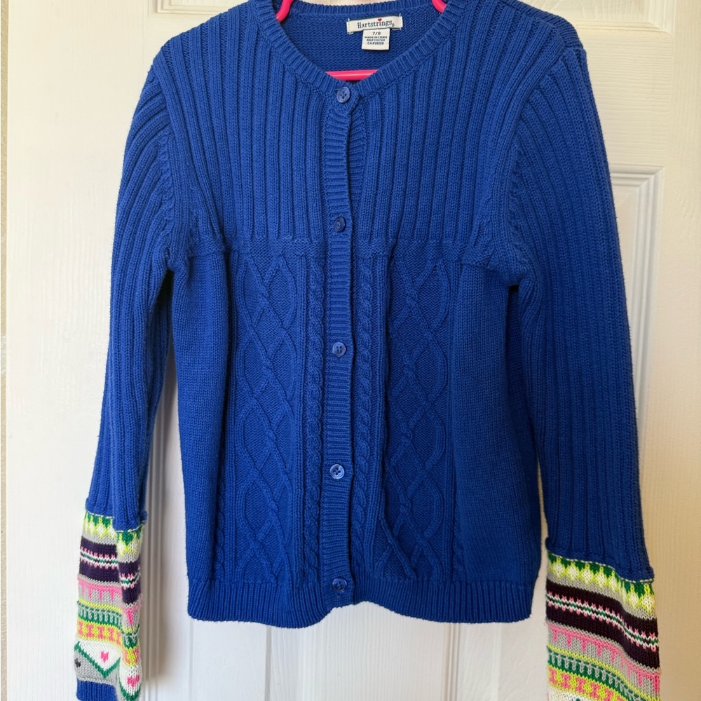 Hartstrings Royal Blue Cardigan with Colorful Sleeves